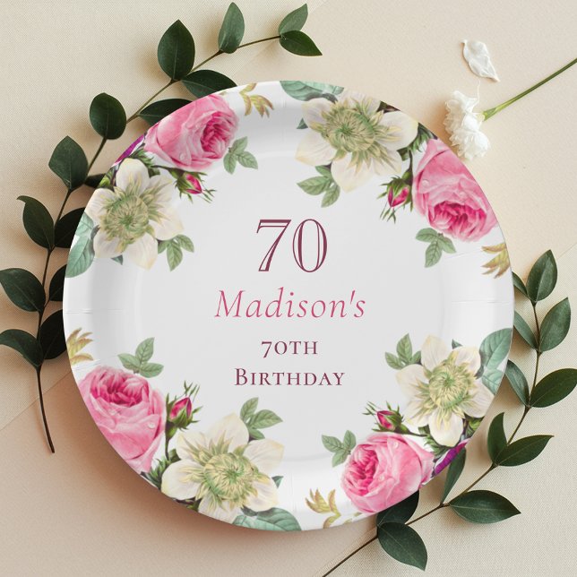 Pink Floral 70th Birthday  Paper Plate (Creator Uploaded)