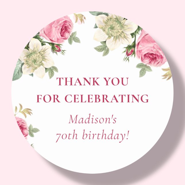 Pink Floral | 70th Birthday Party Favour Classic Round Sticker (Creator Uploaded)