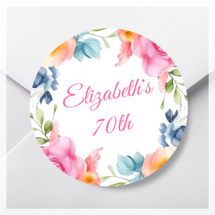 Pink Floral 70th Birthday Party Favour Classic Round Sticker