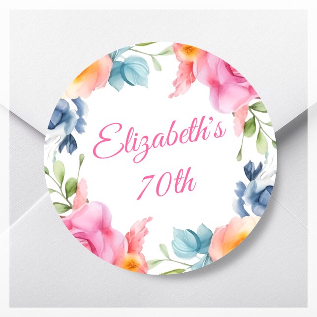 Pink Floral 70th Birthday Party Favour Classic Round Sticker (Creator Uploaded)