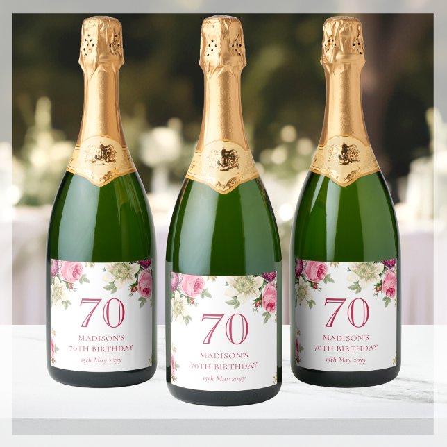 Pink Floral 70th Birthday Party Sparkling Wine Label (Creator Uploaded)
