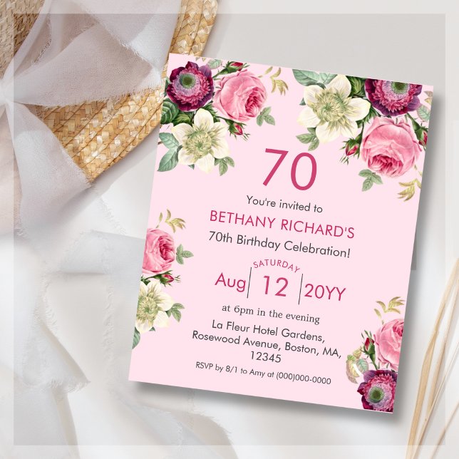 Pink Floral | 70th Budget Birthday Invitation (Creator Uploaded)