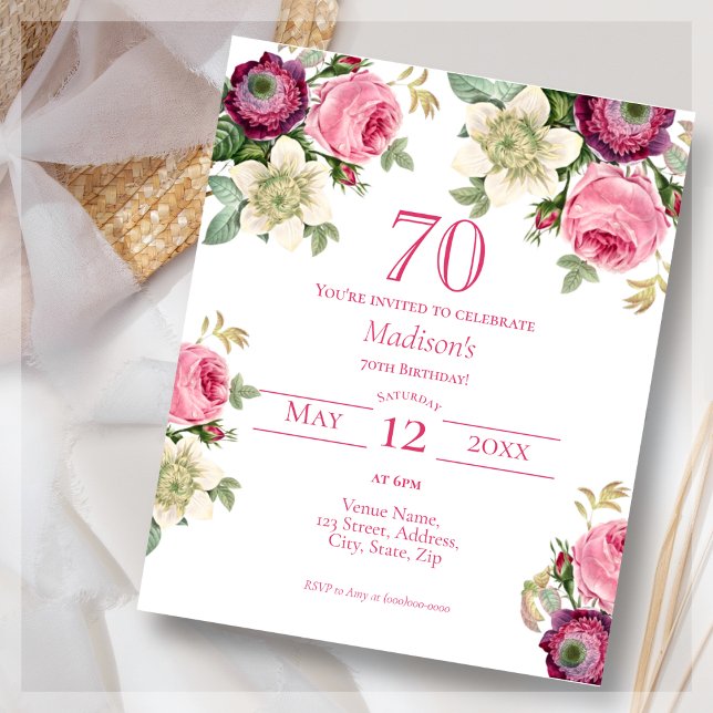 Pink Floral | 70th Budget Birthday Invitation (Creator Uploaded)
