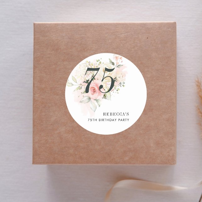 Pink Floral 75th Birthday Party Classic Round Sticker (Pink Floral 75th Birthday Party Classic Round Sticker)