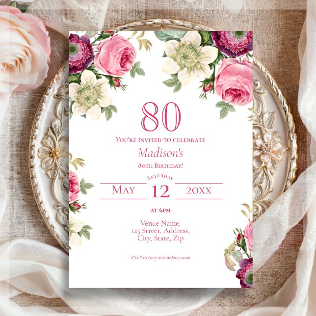 Pink Floral | 80th Birthday Invitation (Creator Uploaded)