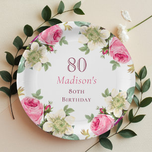 Pink Floral 80th Birthday Paper Plate