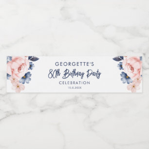 Pink Floral 80th Birthday Party Script Celebration Water Bottle Label