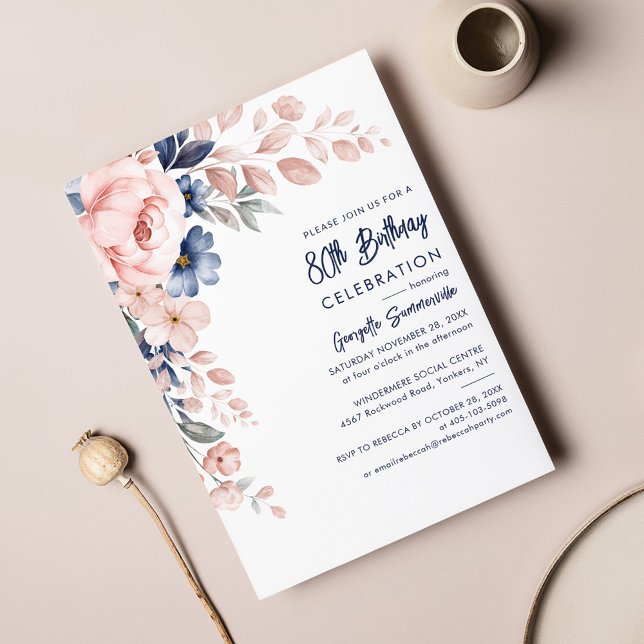 Pink Floral 80th Birthday Party Script Invitation (Watercolor Pink Floral 80th Birthday Party Invitation)
