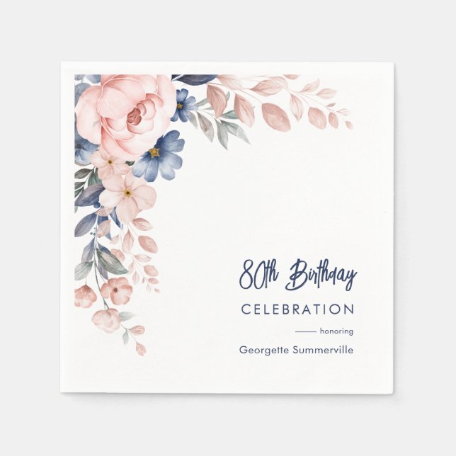 Pink Floral 80th Birthday Party Script Paper Napkin (Front)