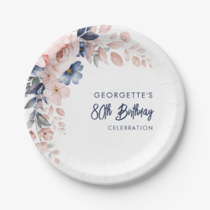 Pink Floral 80th Birthday Party Script Paper Plate