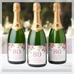 Pink Floral 80th Birthday Party Sparkling Wine Label<br><div class="desc">Looking to add a touch of elegance to your 80th birthday party? Our customisable pink floral sparkling wine labels are the perfect addition to any celebration! These stunning labels feature a beautiful floral design that's sure to impress your guests. With the ability to customise the labels with your text and...</div>