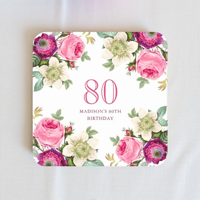 Pink Floral 80th Birthday  Square Paper Coaster (Creator Uploaded)