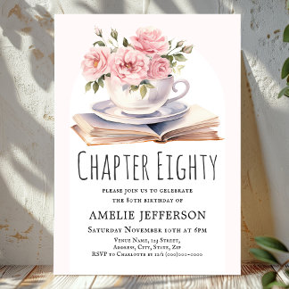 Pink Floral 80th Book Theme Birthday Invitation