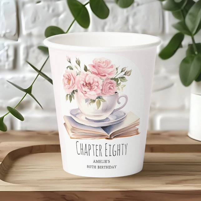 Pink Floral 80th Book Theme Birthday  Paper Cups (Creator Uploaded)