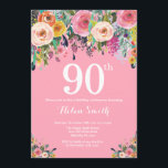 Pink Floral 90th Birthday Invitation<br><div class="desc">Pink Floral 90th Birthday Invitation for Women. Watercolor Floral Flower. Pink Background. Pink, Yellow, Orange, Purple Flower. Adult Birthday. 13th 15th 16th 18th 20th 21st 30th 40th 50th 60th 70th 80th 90th 100th, Any Ages. For further customisation, please click the "Customise it" button and use our design tool to modify...</div>