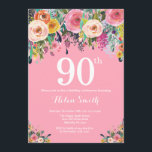 Pink Floral 90th Birthday Invitation<br><div class="desc">Pink Floral 90th Birthday Invitation for Women. Watercolor Floral Flower. Pink Background. Pink, Yellow, Orange, Purple Flower. Adult Birthday. 13th 15th 16th 18th 20th 21st 30th 40th 50th 60th 70th 80th 90th 100th, Any Ages. For further customisation, please click the "Customise it" button and use our design tool to modify...</div>