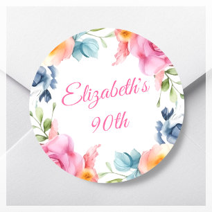 Pink Floral 90th Birthday Party Favour Classic Round Sticker