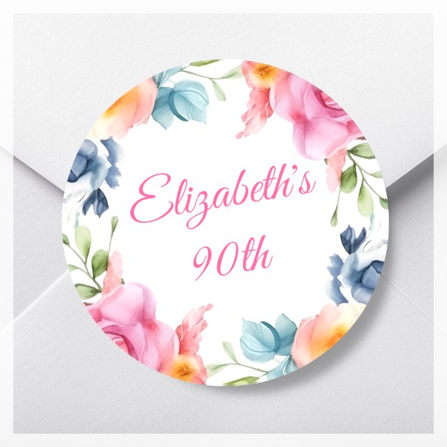 Pink Floral 90th Birthday Party Favour Classic Round Sticker (Creator Uploaded)