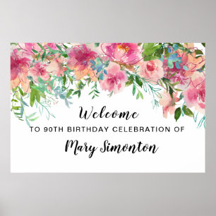 Pink Floral 90th Birthday Party Welcome Poster