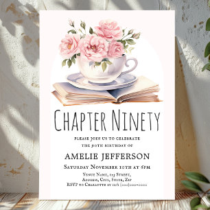 Pink Floral 90th Book Theme Birthday Invitation
