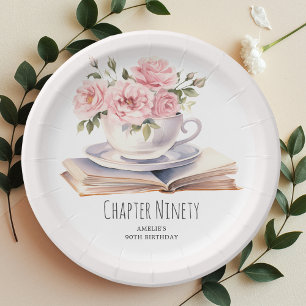 Pink Floral 90th Book Theme Birthday  Paper Plate