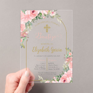 Pink floral acrylic baptism Spanish invitation 