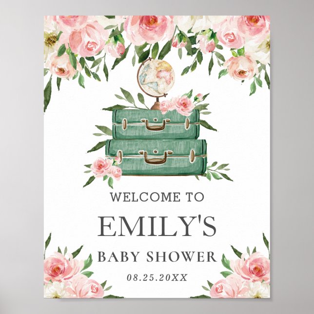 Pink Floral Adventure Journey Baby Shower Welcome Poster (Front)