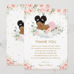 Pink Floral African American Baby Shower Birthday  Thank You Card