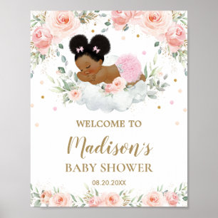 Pink Floral African American Baby Shower Welcome  Poster