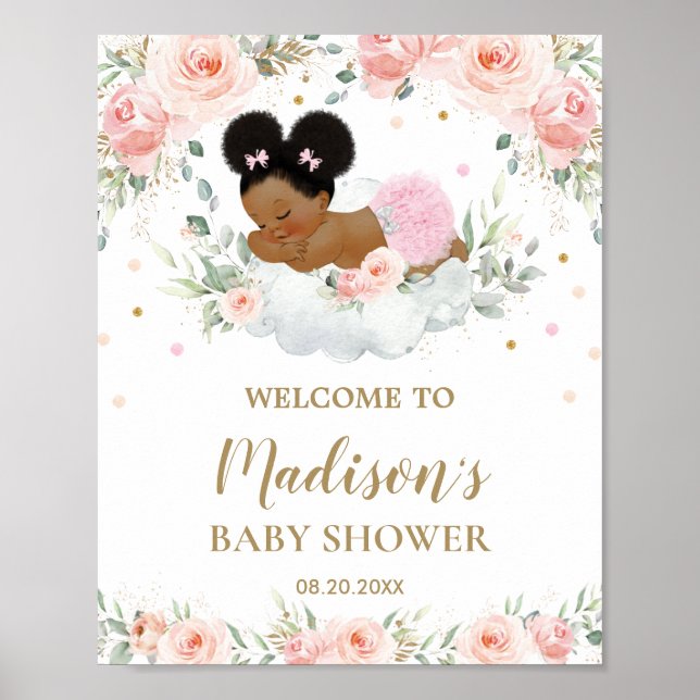 Pink Floral African American Baby Shower Welcome  Poster (Front)