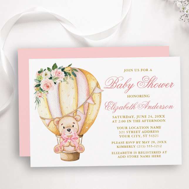 Pink Floral Air Balloon Teddy Bear Baby Shower Invitation (Customize to change text color, size, style or to change color of back of card.)