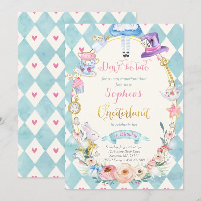 Pink Floral Alice In ONEderland Birthday Tea Party Invitation (Front/Back)