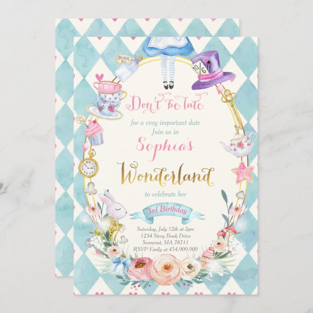 Pink Floral Alice In Wonderland Birthday Tea Party Invitation (Front/Back)