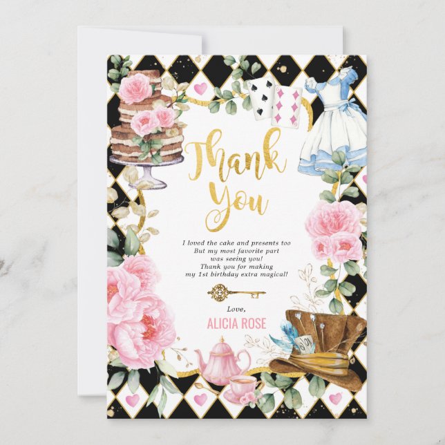 Pink Floral Alice in Wonderland Thank You Card (Front)