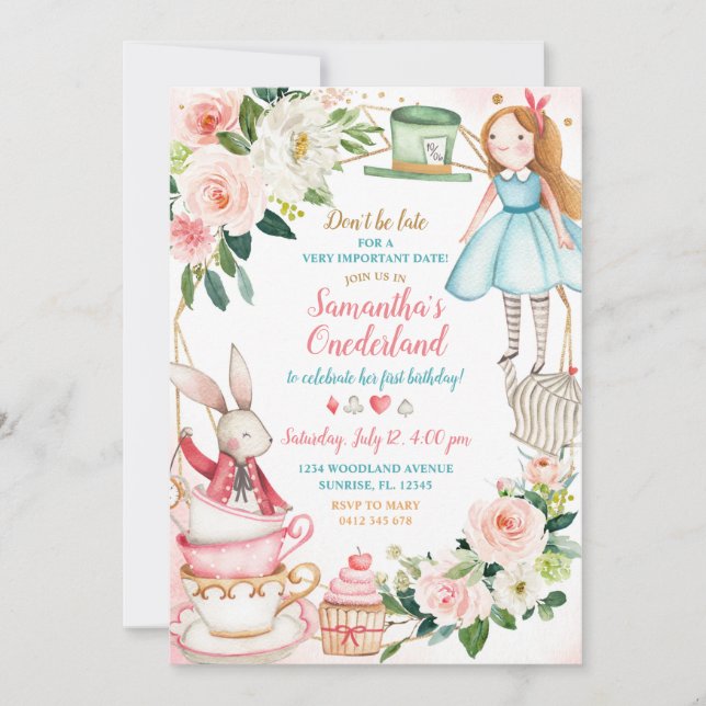 Pink Floral Alice Tea 1st Birthday Invitation Girl (Front)