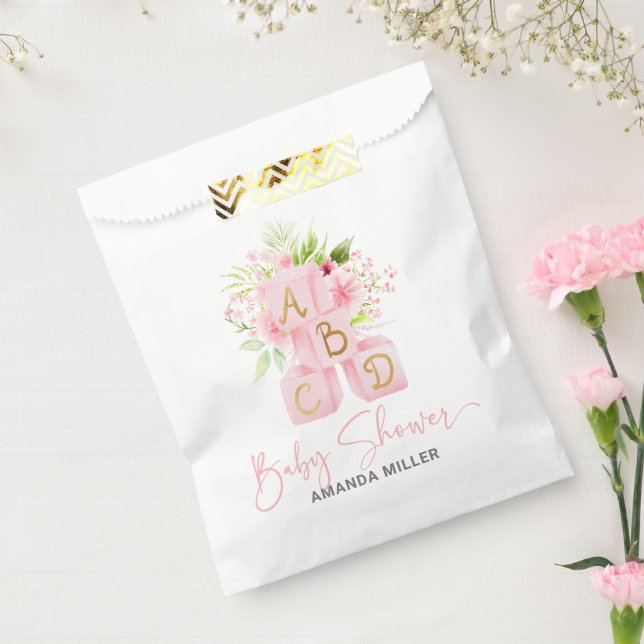 Pink Floral Alphabet Blocks Baby Shower Typography Favour Bag (Sealed)