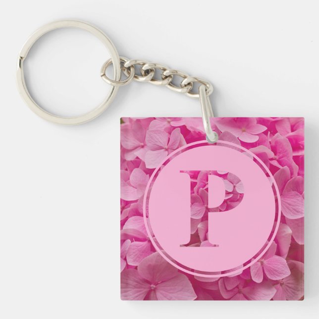 Pink Floral Alphabet Letter "P" and XO Key Ring (Front)