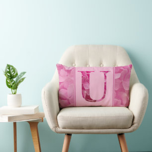 Pink Floral Alphabet Letter "U" Lumbar Pillow