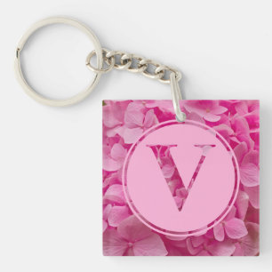 Pink Floral Alphabet Letter "V" and XO Key Ring
