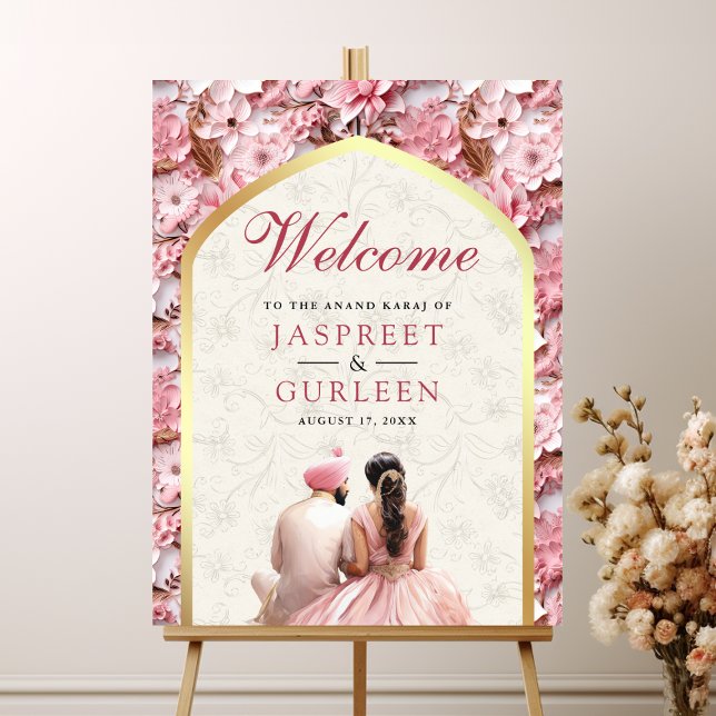 Pink Floral Anand Karaj Sikh Wedding Welcome Sign (Creator Uploaded)