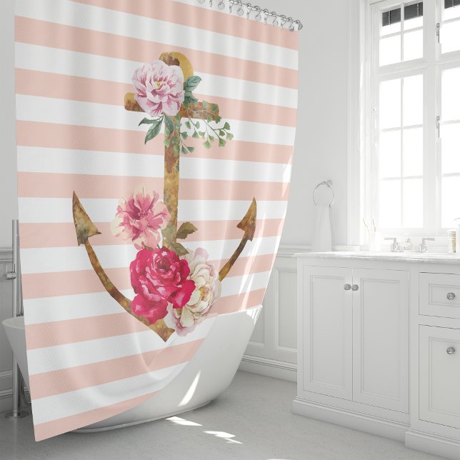 Pink Floral Anchor Nautical Stripes Shower Curtain (Creator Uploaded)