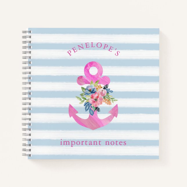 Pink Floral Anchor | Trendy Blue Stripes Notebook (Front)