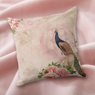 Pink Floral and Antique Peacock Cushion