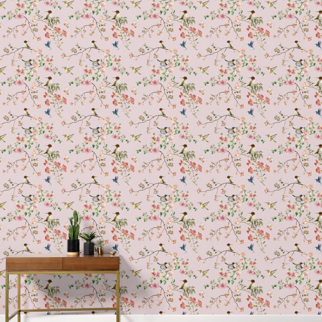 Pink Floral and Background With Hummingbirds Wallpaper (Hallway)
