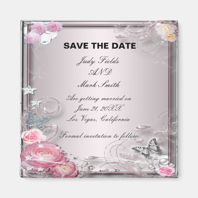 Pink Floral And Butterfly Save The Date Magnet (Front)
