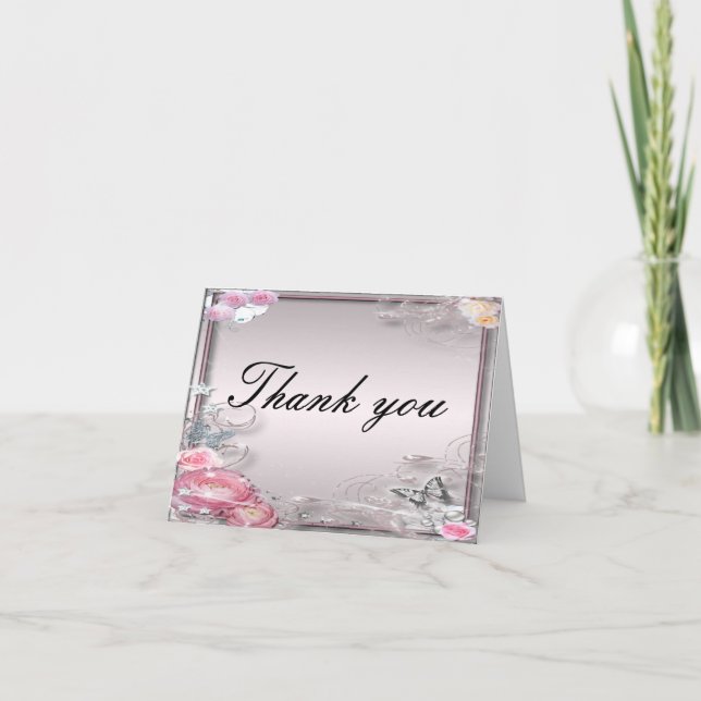 Pink Floral And Butterfly Thank You Card (Front)