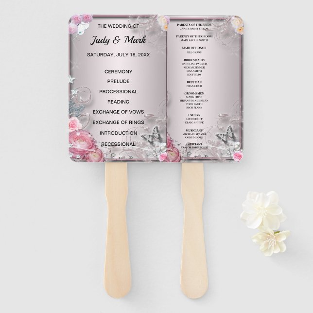 Pink Floral And Butterfly Wedding Program Hand Fan (Front and Back)