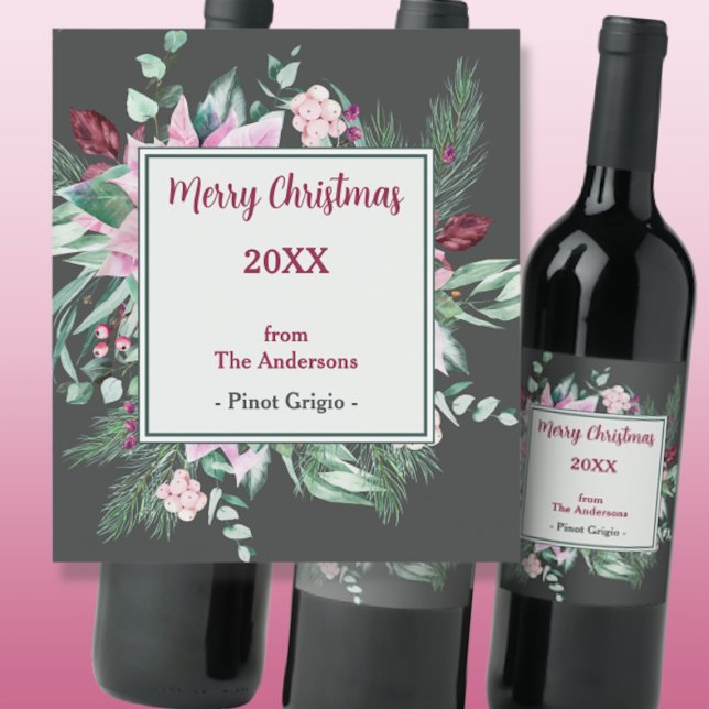 Pink Floral and Charcoal Christmas Wine Label (Creator Uploaded)
