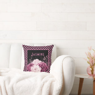 Pink Floral and Chequerboard Personalised Cushion