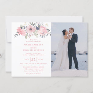 Pink floral and custom couple photo wedding invitation